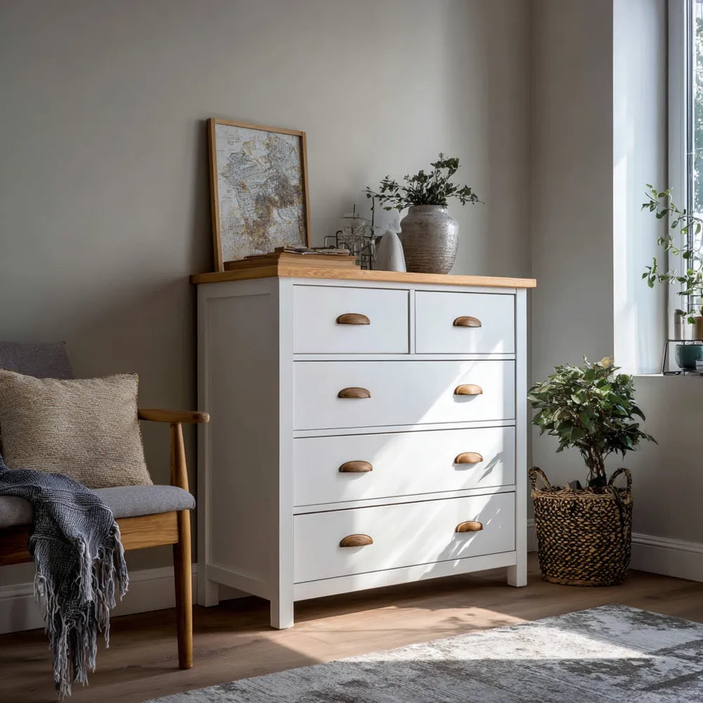 Chest of Drawers 100x45x90 cm - White with Wood Top - Contemporary Design