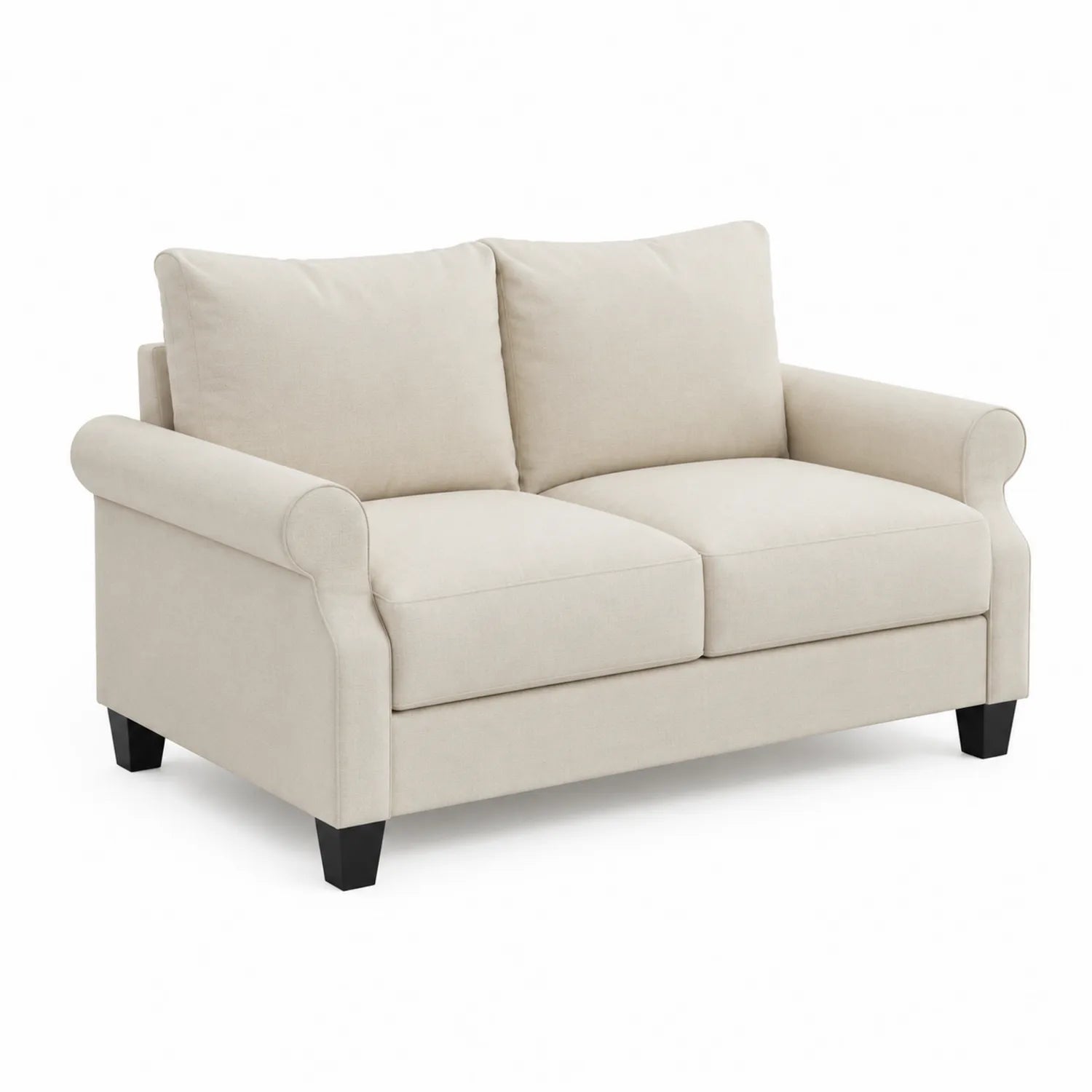 Divano 2 posti in tessuto beige con braccioli arrotondati