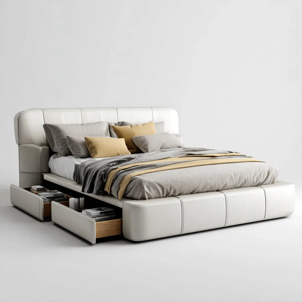 Upholstered Double Bed 200x160x90 cm - Leather - White - Contemporary Storage Design