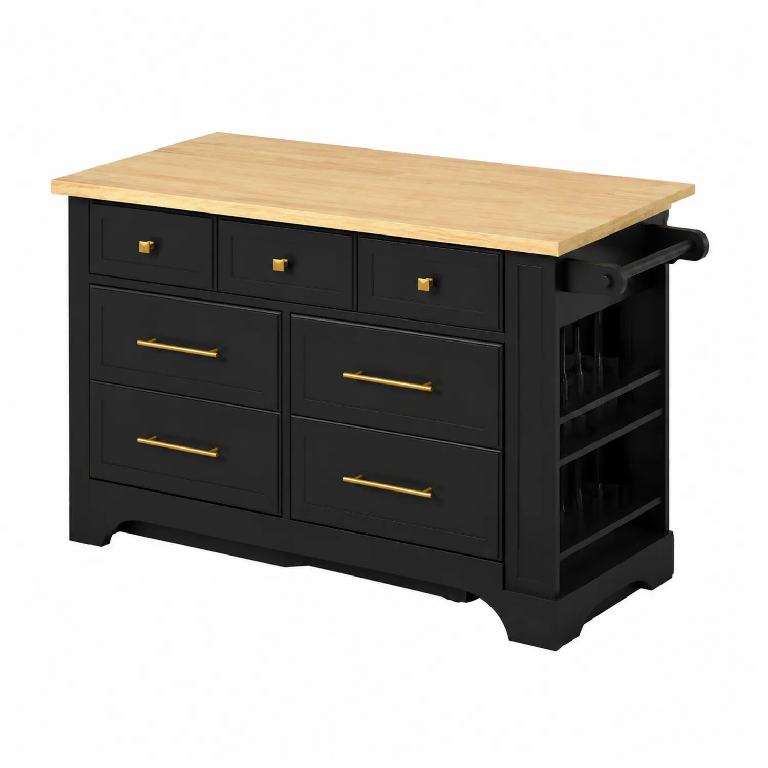 Isola cucina in legno e metallo nero con cassetti e piano naturale