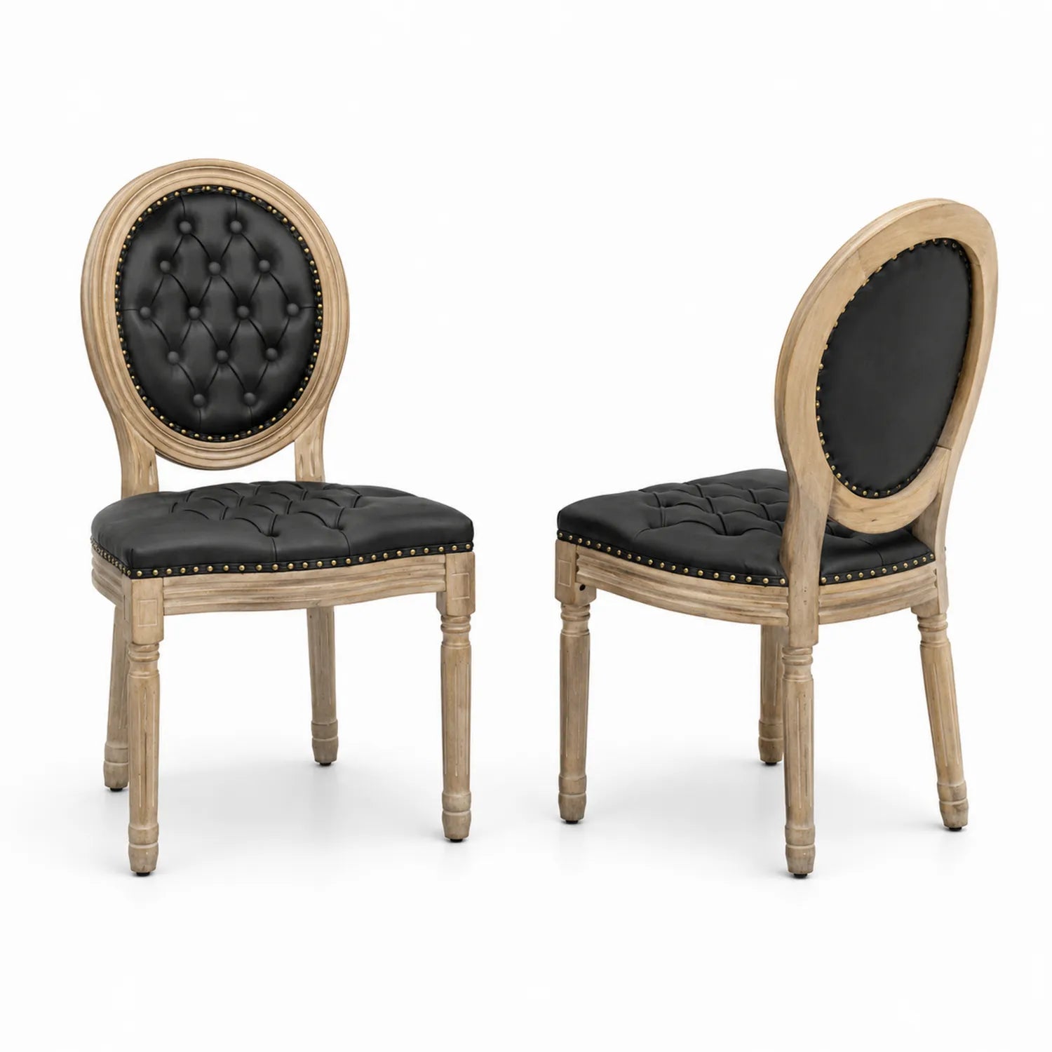 Set di 2 Sedie in Legno con Rivestimento in Pelle Nera