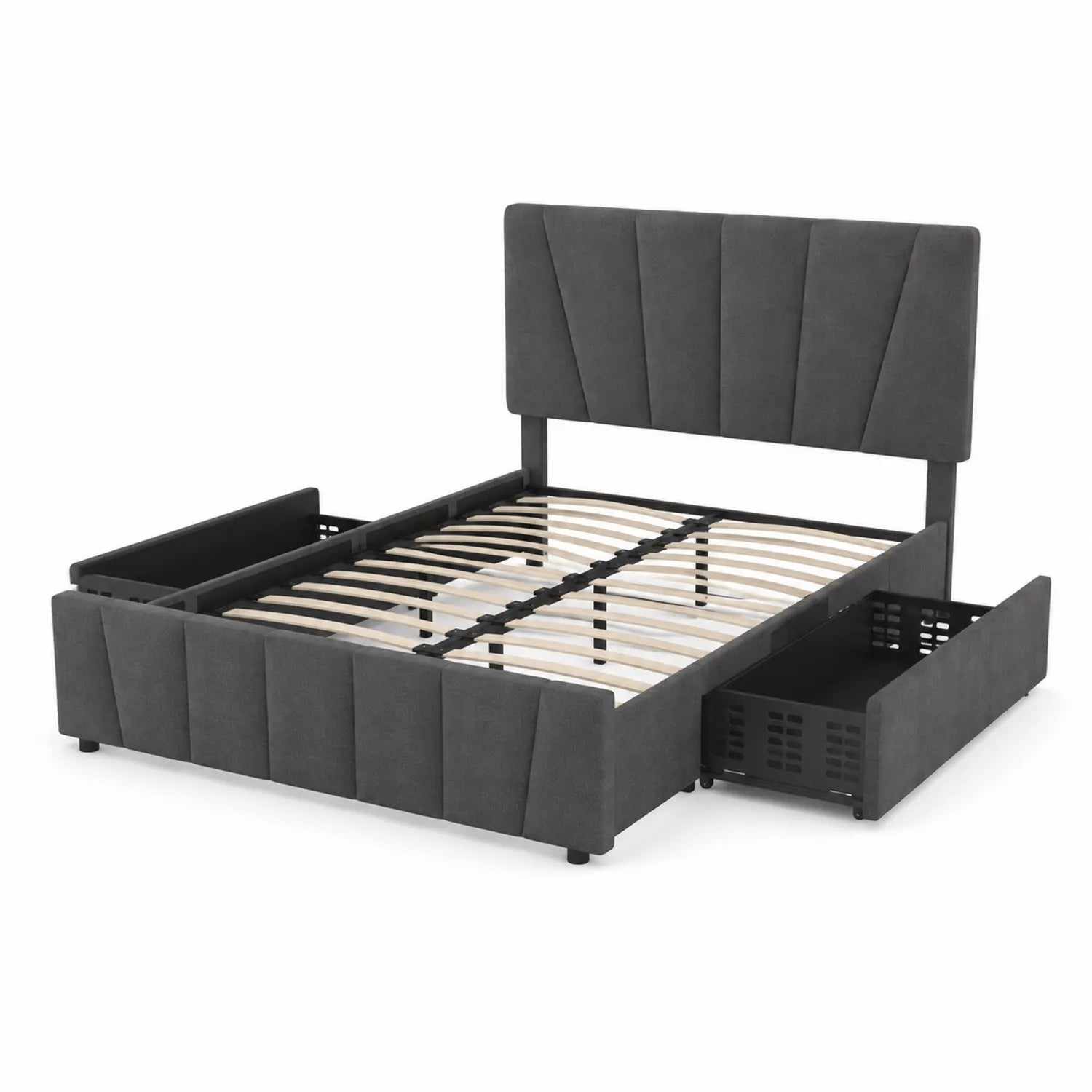 Letto matrimoniale in tessuto grigio con cassetti
