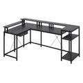 Scrivania ad Angolo in Metallo e Legno Nera con Ripiani 140x120x75cm