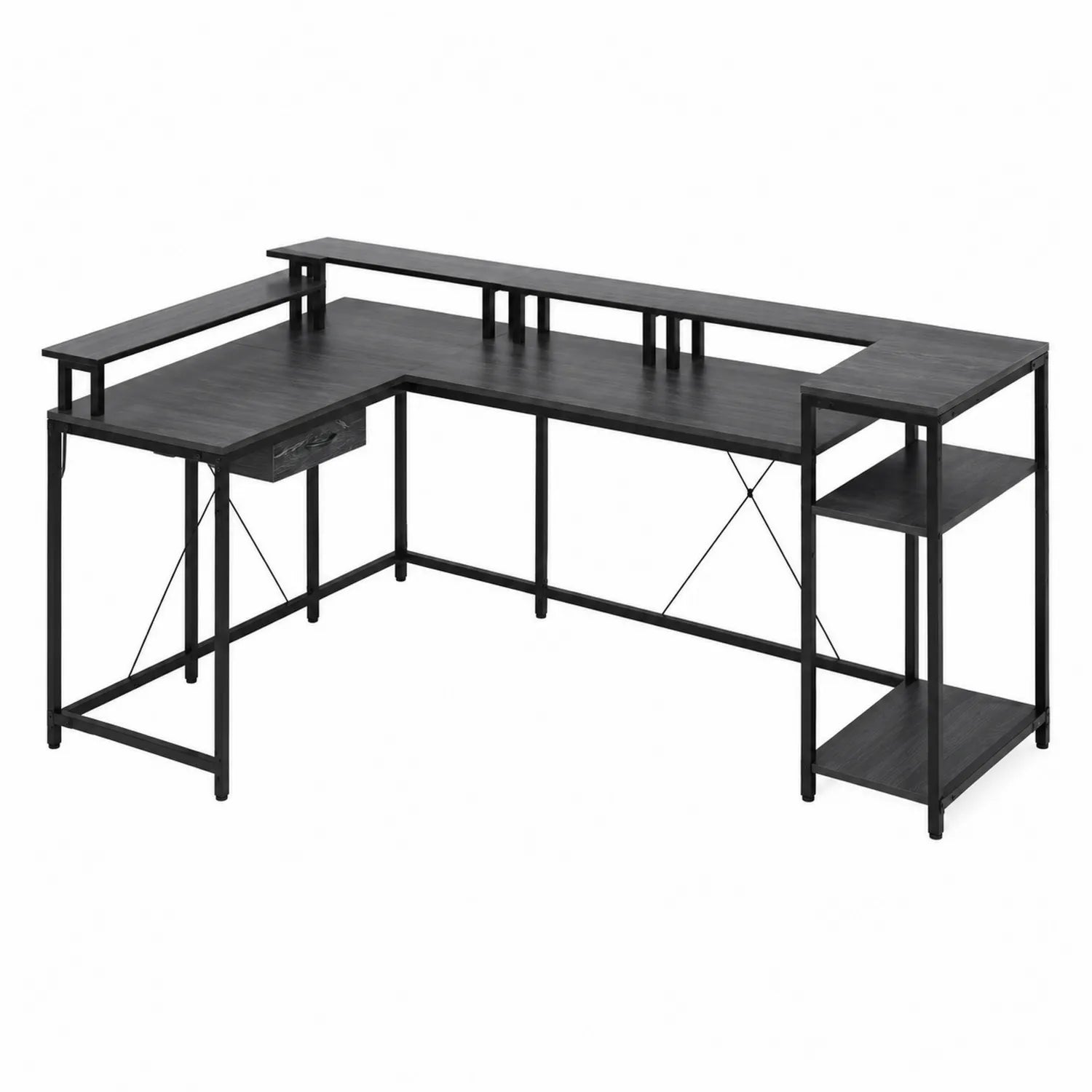 Scrivania ad Angolo in Metallo e Legno Nera con Ripiani 140x120x75cm