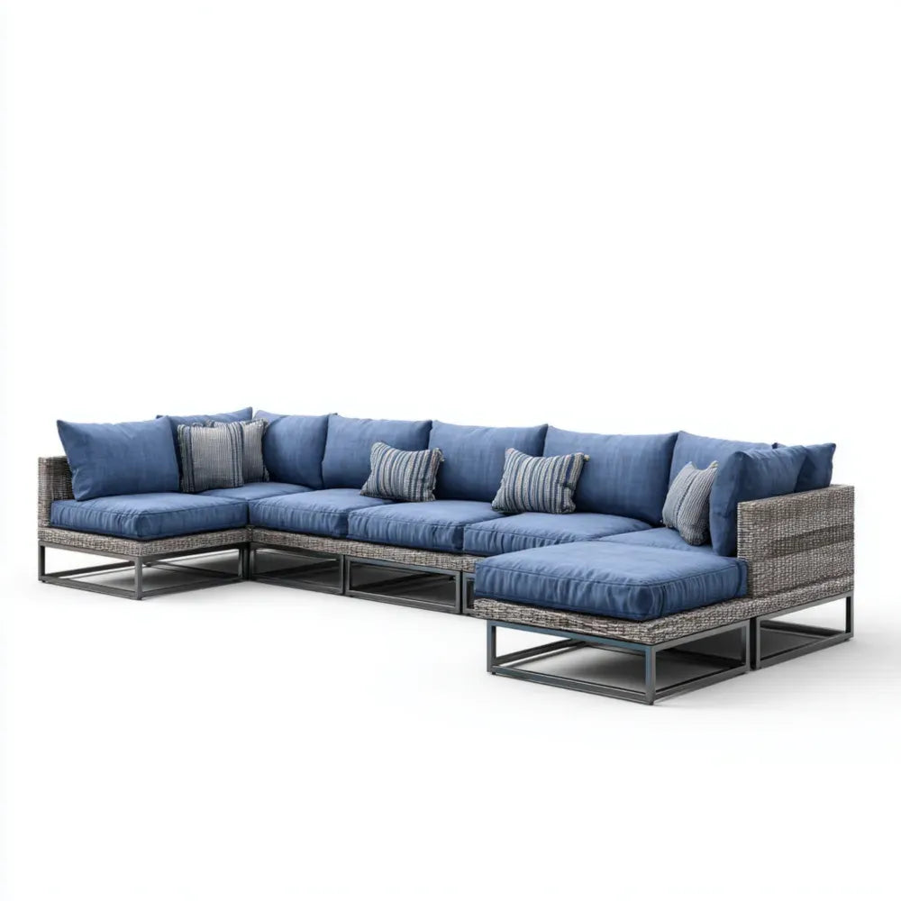Sectional Patio Sofa Set Wicker 350x80x70 cm - Blue - Contemporary Design