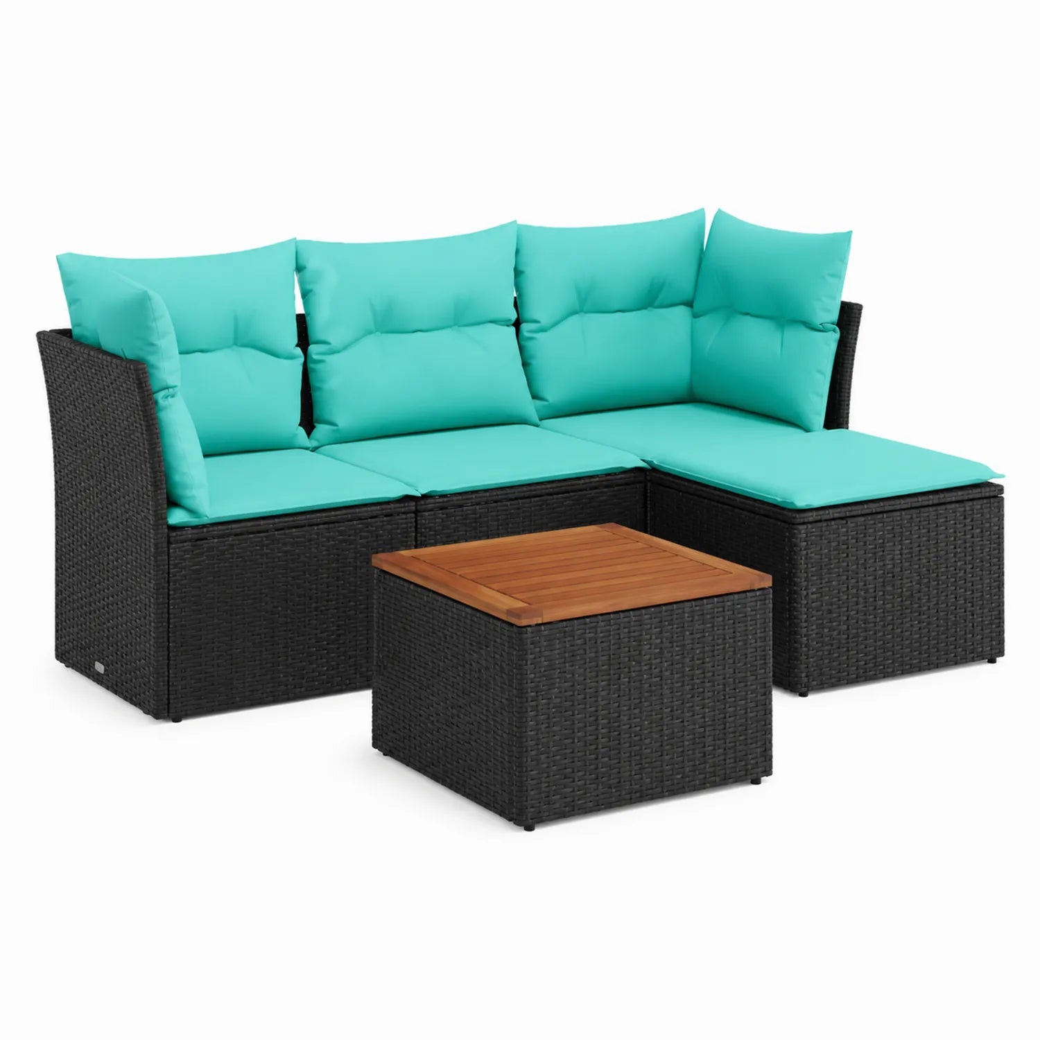 Set Divano Angolare da Esterno in Rattan Nero con Cuscini Turchesi
