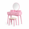 Toeletta Legno con Specchio Rotondo e Sgabello Rosa