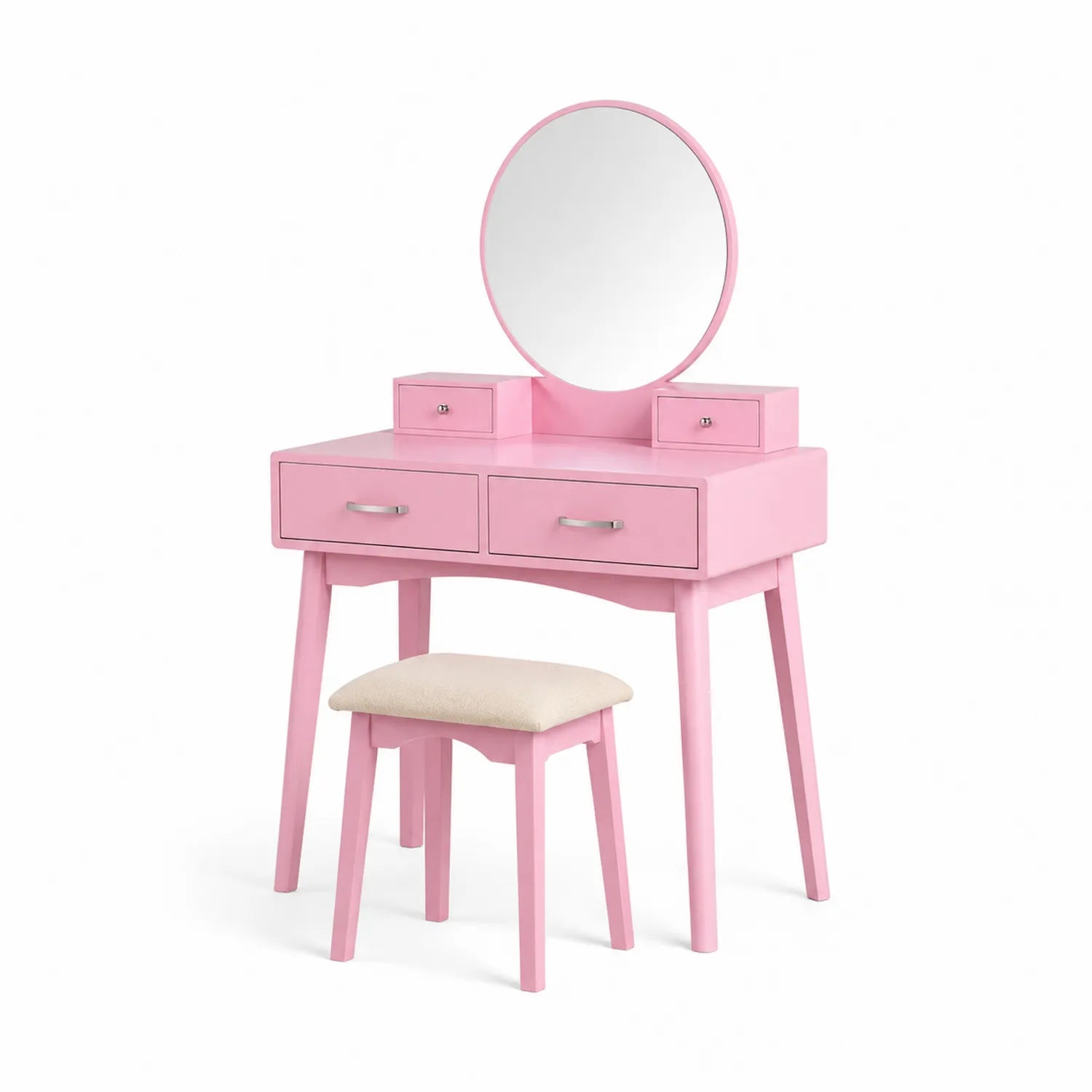 Toeletta Legno con Specchio Rotondo e Sgabello Rosa