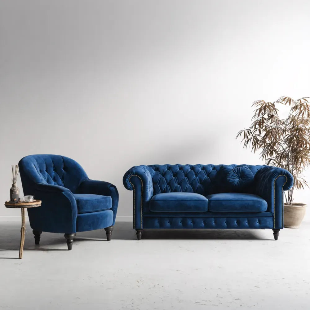 Velvet Sofa Set 200x95x85 cm - Deep Blue - Classic Design